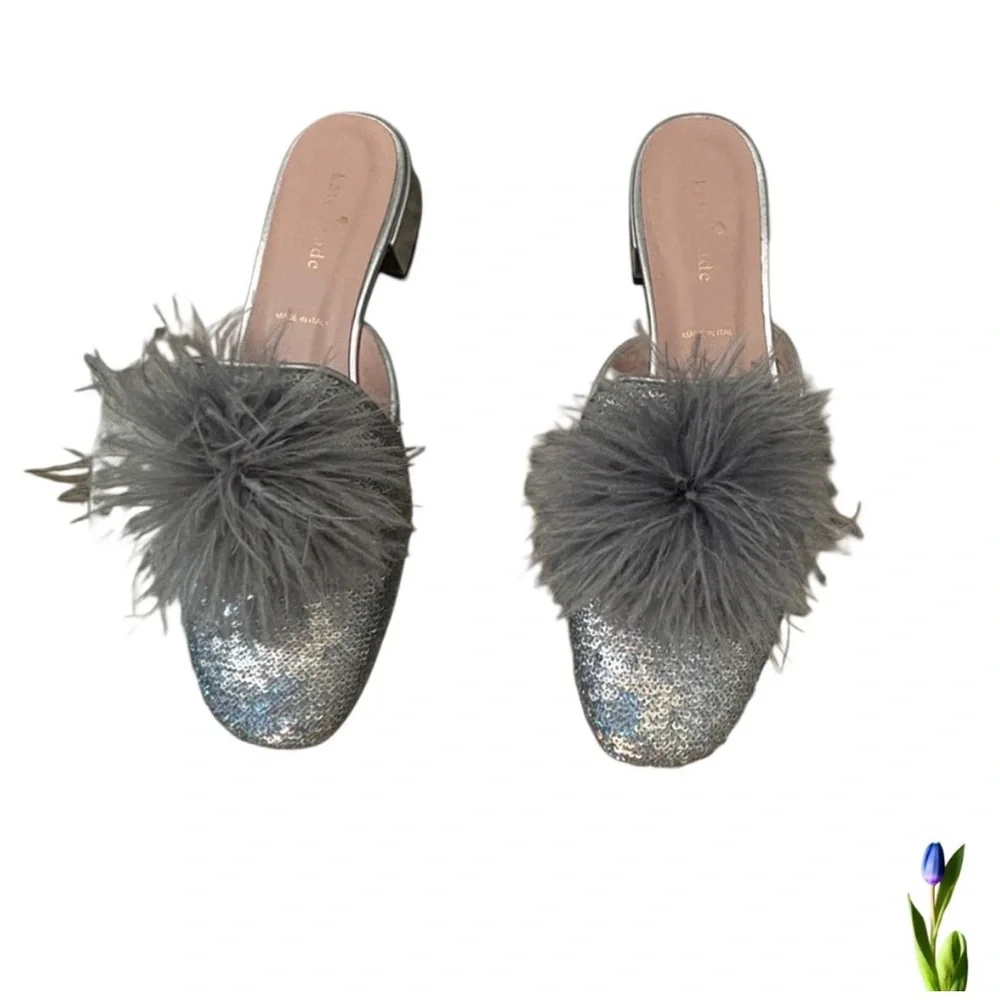 Kate Spade Sequined Silver Gray Mules iridescent, ostrich feather Pom Poms Gala